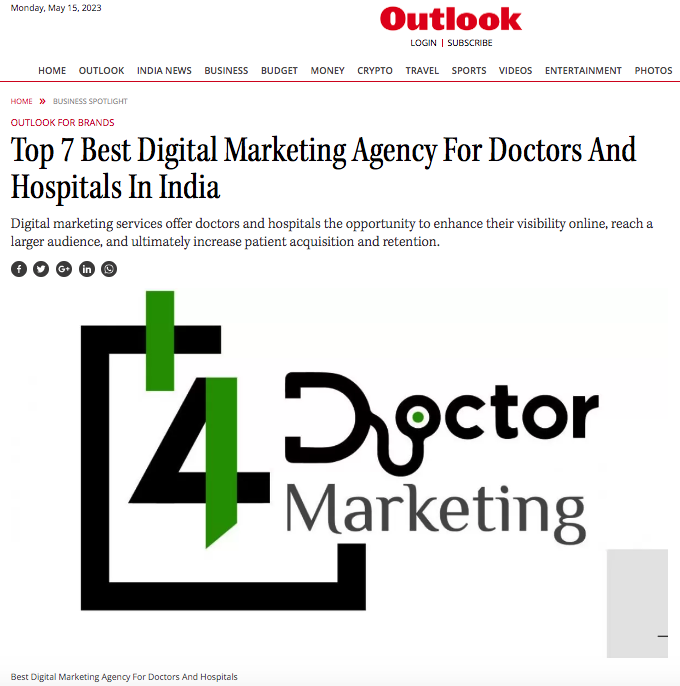 Outlook News Published : Top 7 Best Digital Marketing Agency For  Healthcare / Doctors And Hospitals In India